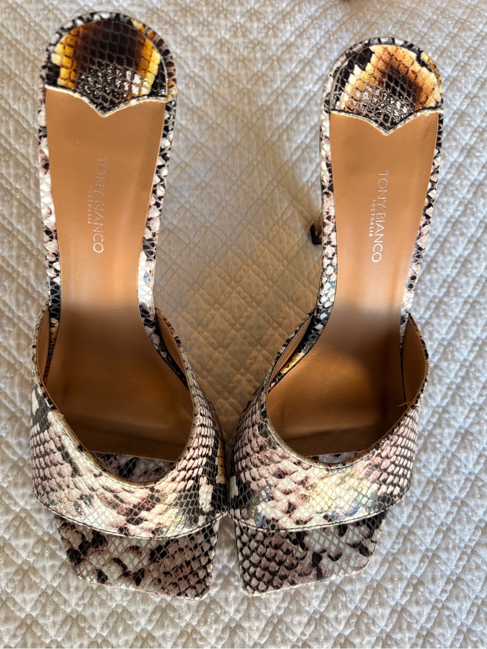 Tony Bianco Beige & Brown Snake-Print Heeled Sandals